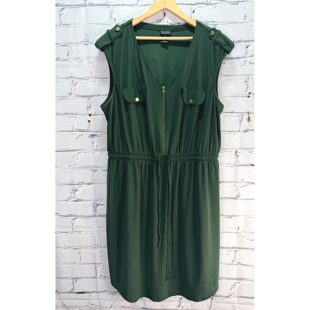 Soho Apparel Utility Dress Womens 2X Olive Safari Military 1/2 Zip Stretch Waist - Picture 7 of 8